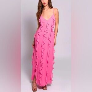 Hutch Hot Pink Ruffle-Front Spaghetti-Strap Maxi Dress